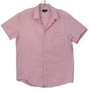 NUTEXROL Shirt Short Sleeve Button Up Shirt Mircro Print Pink Casual Summer SZ L